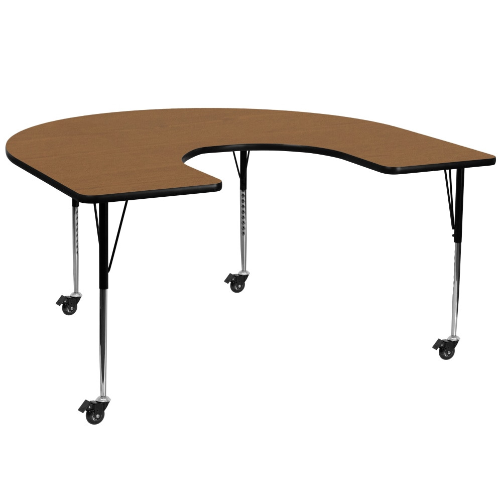 From projects with young students to meetings with adults, the Flash Furniture Mobile 66inD Horseshoe Thermal Laminate Activity Table makes it easy to collaborate. Dive deep into messy projects meant for kids and brainstorming sessions with your team - the stain-resistant laminate surface is easy to clean and durable enough to handle just about anything on your agenda. With legs that adjust in height, this table helps ensure everyone can sit comfortably and work together.  Powder-coat upper legs and chrome lower legs are made with tubular steel.  Thermally fused laminate tabletop with a protective edge band is scratch and stain resistant.  Opening measures 25-1/2in x 24in.  Legs adjust in 1in increments.  Locking casters.  Seats up to 8 children and up to 7 adults.  Recommended for users from 1st grade to adult.  This product is heavy and/or oversized and may need more than one person to handle.