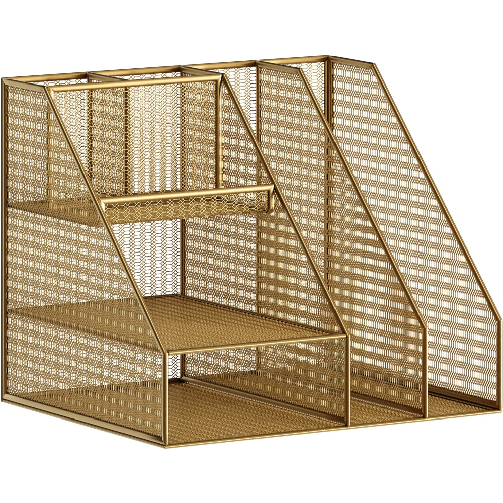 FLASH FURNITURE HHOHD03GLD Martha Stewart Ryder Mesh Metal Large Desktop Organizer With Magazine File Holder, Pen Holder And Storage, 10inH x 12-1/2inW x 10inD, Gold