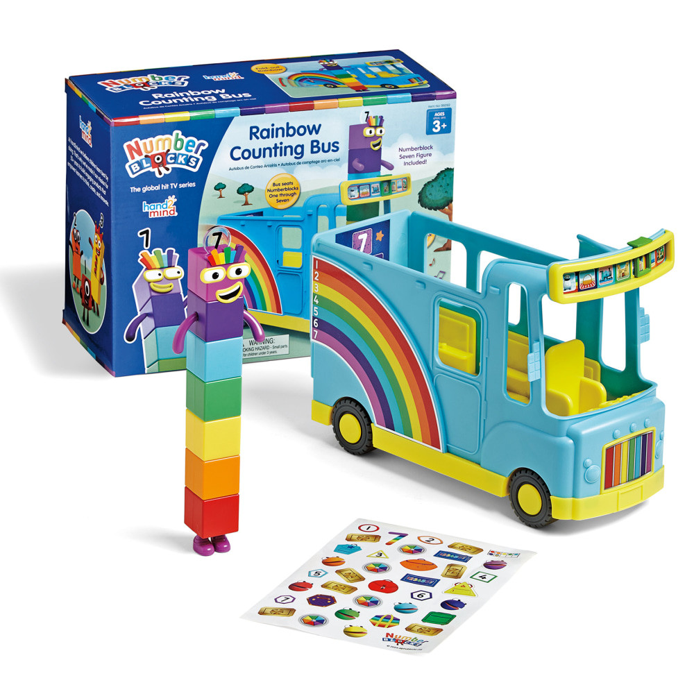 Go for a ride on the bus with the Hand2Mind Numberblocks Rainbow Counting Bus. This bus uses shapes, numbers and embedded features to teach counting, number sequencing and more.  Uses shapes, numbers and embedded features to teach counting, number sequencing and more.  Includes Numberblocks Rainbow Counting Bus, Numberblock Seven, 1 sticker sheet and 2 AAA Batteries.