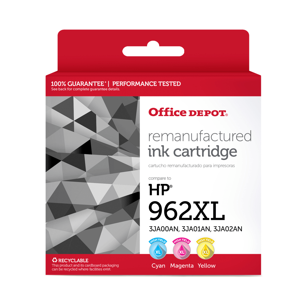 OFFICE DEPOT 118323  Remanufactured Cyan; Magenta; Yellow High-Yield Ink Cartridge Replacement For HP 962XL, OD962XLCMY