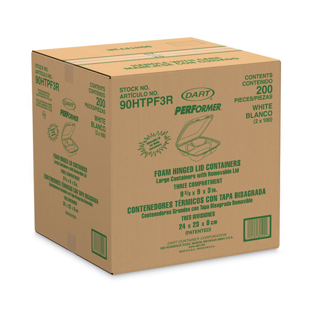DART 90HTPF3R Foam Hinged Lid Container, Performer Perforated Lid, 3 Compartments, 9 x 9.4 x 3, White, 100/Bag, 2 Bag/Carton