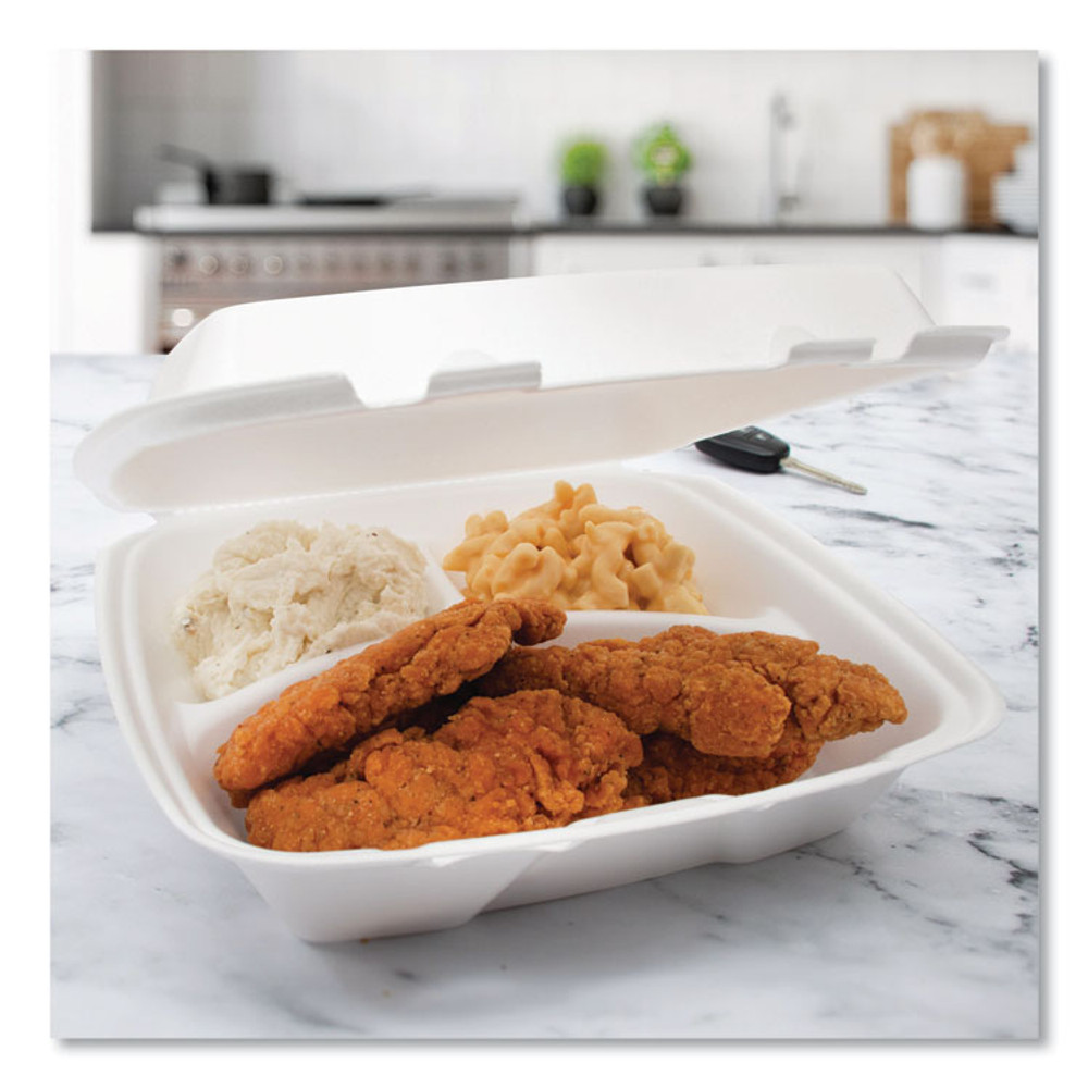 DART 90HTPF3R Foam Hinged Lid Container, Performer Perforated Lid, 3 Compartments, 9 x 9.4 x 3, White, 100/Bag, 2 Bag/Carton