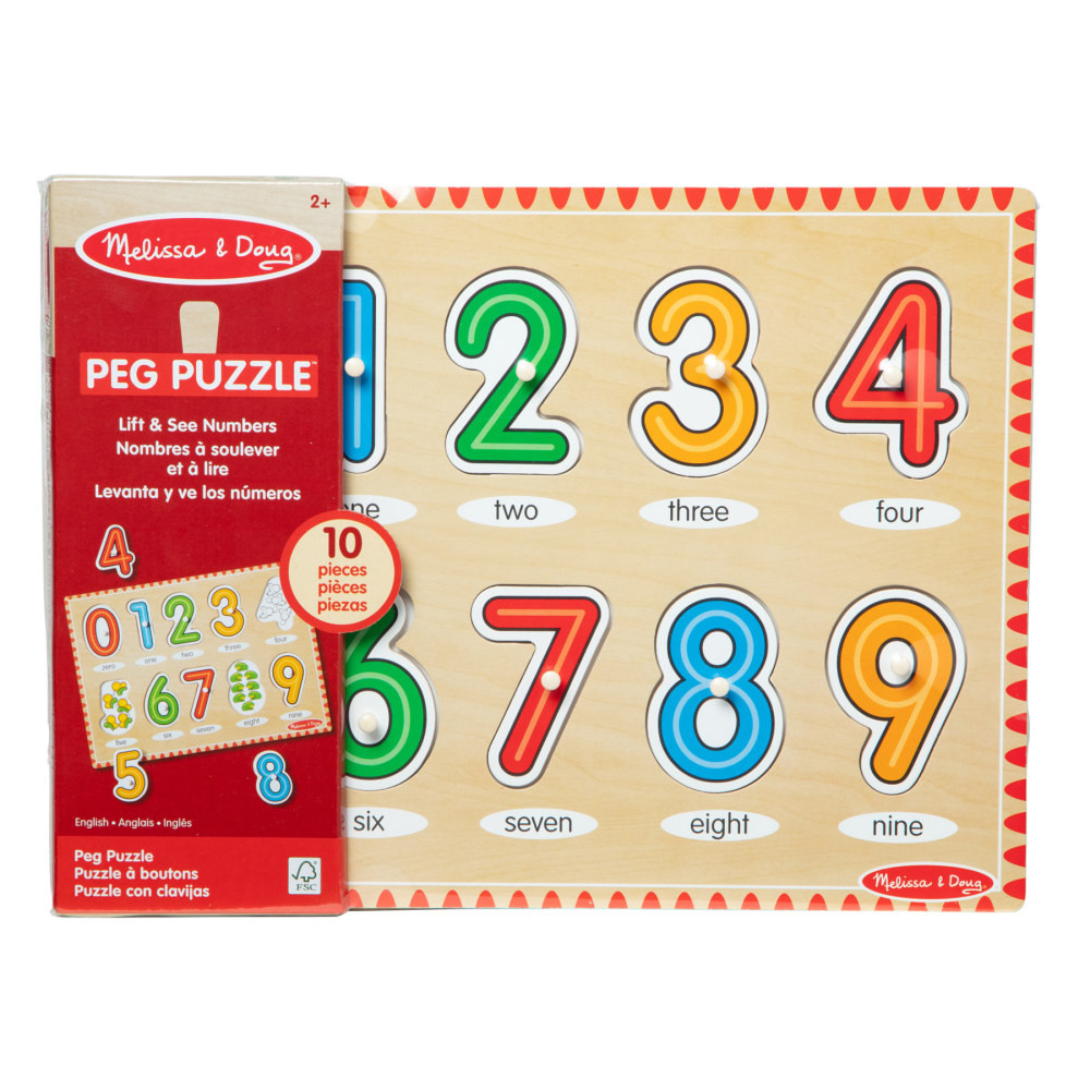 This 10-piece peg puzzle is a fun way to help kids learn number concepts from zero through nine. Each piece has a numeral on top and a matching colorful picture underneath to promote number recognition and counting skills. The puzzle also encourages fine motor skills, visual perception, and hand-eye coordination.  Match numbers with pictures as you assemble the puzzle  10-piece puzzle  Easy-grasp pegs for practicing fine motor skills  Promotes number recognition, counting, and early math skills  Makes a great gift for toddlers and preschoolers, ages 2 to 5, for hands-on, screen-free play