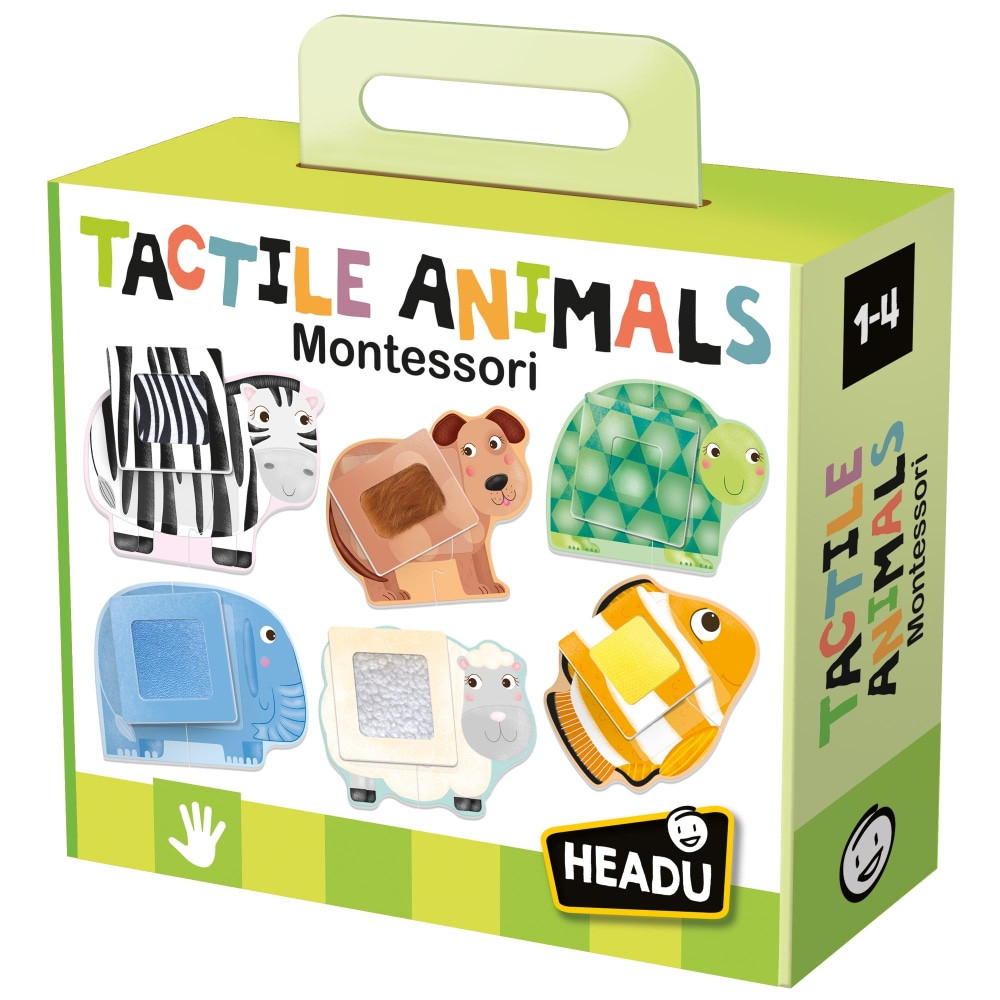 Help kids make their first discoveries with animals with the Headu Tactile Montessori Puzzles. These 6 animal puzzles and 6 touch cards help teach sensory perception and store in a small cotton bag.  Comes with 6 large 2-piece puzzles with tactile textures.  Enhance sensory perception by searching for tactile cards, each of which corresponds to a different animal.  Includes a small bag made of organic cotton.