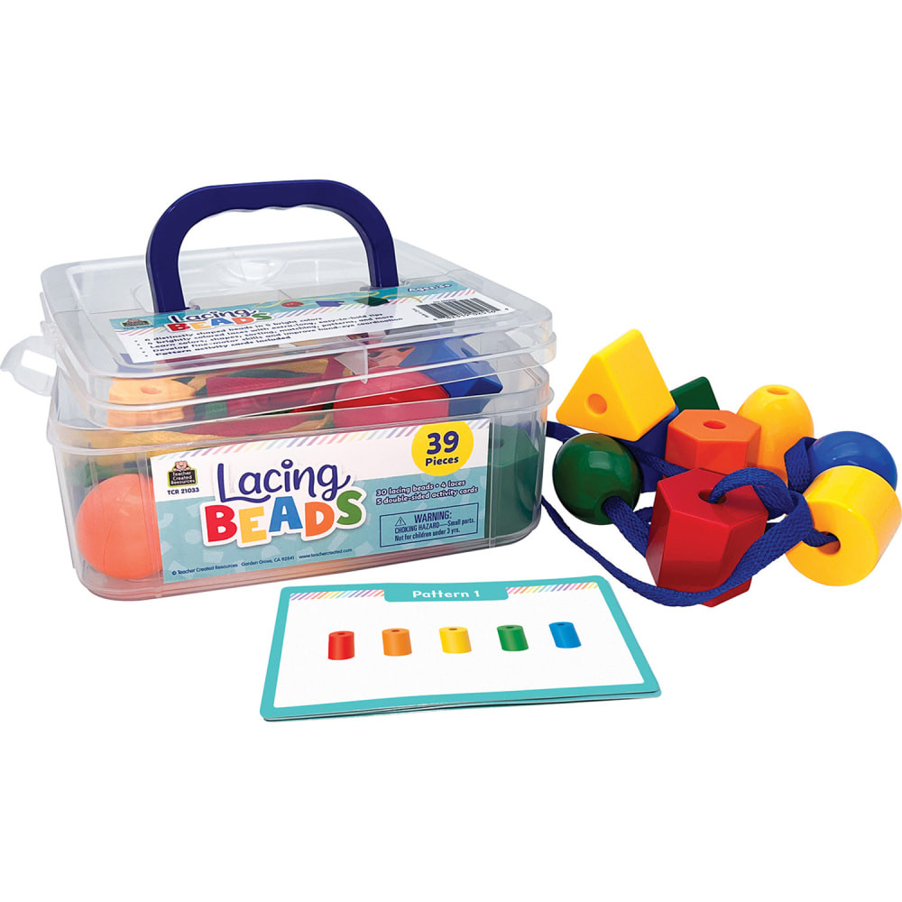 Learn colors, shapes, sorting, matching, patterns and more with the Teacher Created Resources Lacing Beads. This set encourages kids to create using different color and shape bead patterns.  Encourages kids to create different color and shape bead patterns.  Includes 30 lacing beads, 4 laces, 5 double-sided activity cards and a plastic storage/carrying case.  For ages 3 and up.
