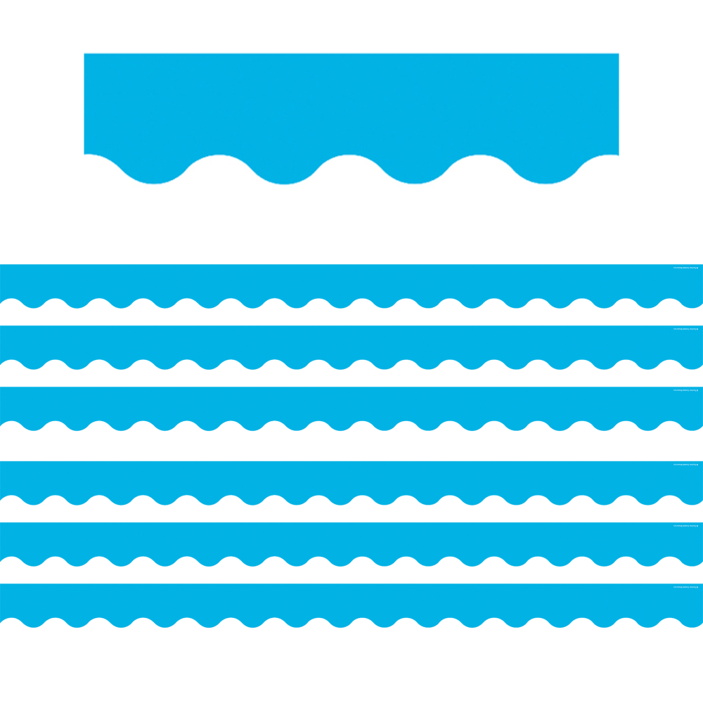 Create a unique bulletin board theme with the Teacher Created Resources Scalloped Border Trim Pack. These vibrant border trim strips are made of acid-free paper and help liven up your classroom.  Scalloped border trim helps liven up any classroom.  Made of acid-free paper.  Creates themes for bulletin boards, walls, windows and projects.  Each aqua pack includes 35ft of trim.