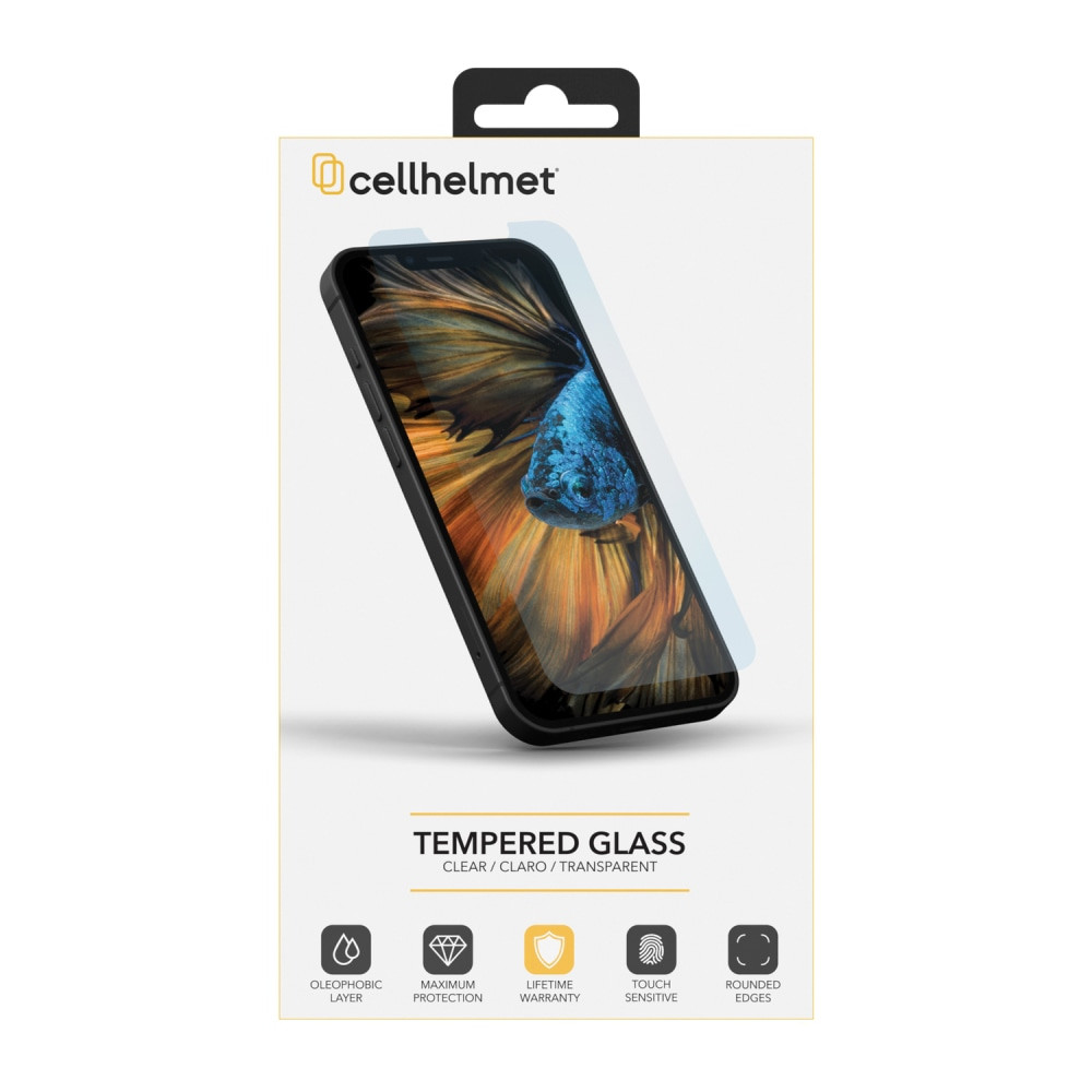 Shield your device from scratches and damage with a cellhelmet Tempered Glass Screen Protector. Durable Aluminosilicate glass has a 9H hardness for ample protection.  Compatible with the iPhone 15 Pro Max.  Durable 0.3 mm thick Aluminosilicate glass has a 9H hardness.  Scratch-resistant design.  Covered in an oleophobic layer that resists fingerprints for clear viewing.  Rounded edges offer a smooth feel.  Simple application process.  Includes a cleaning cloth.