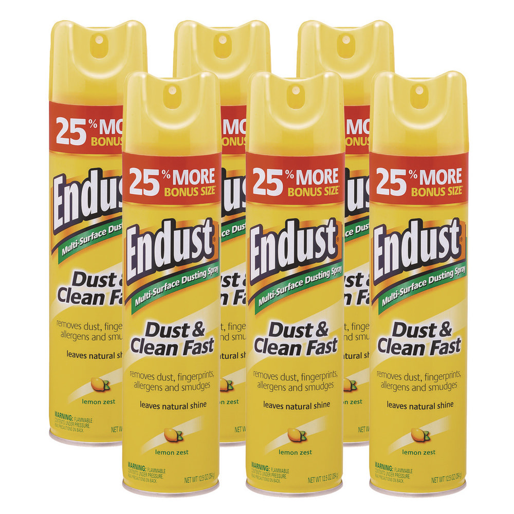 Endust Multi-Surface Dusting & Cleaning Spray picks up and holds dust, while also eliminating allergens, fingerprints, smears and smudges. The fast-acting and silicone-free formula works on just about any surface, leaving behind a natural shine and a refreshing lemon zest scent. Easy to use aerosol does not leave any residue or buildup.  Fresh lemon zest scent.  Leaves natural shine.  Removes oil-based stains like fingerprints and smudges.  Formulated with mineral oil to lock dust and dirt to the cleaning media so nothing escapes when dusting.  Works great on furniture, cabinets, countertops, window sills, non-fabric blinds and more.