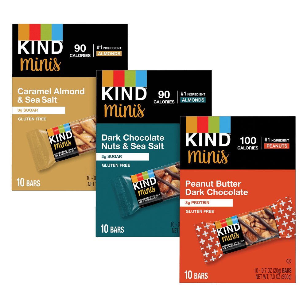 SUNSET HILL FARM 008101289423 KIND Minis Variety Pack, Dark Chocolate Nuts & Sea Salt/Caramel Almond Sea Salt/Peanut Butter Dark Chocolate, 1.4 Oz, Pack Of 30 Bars