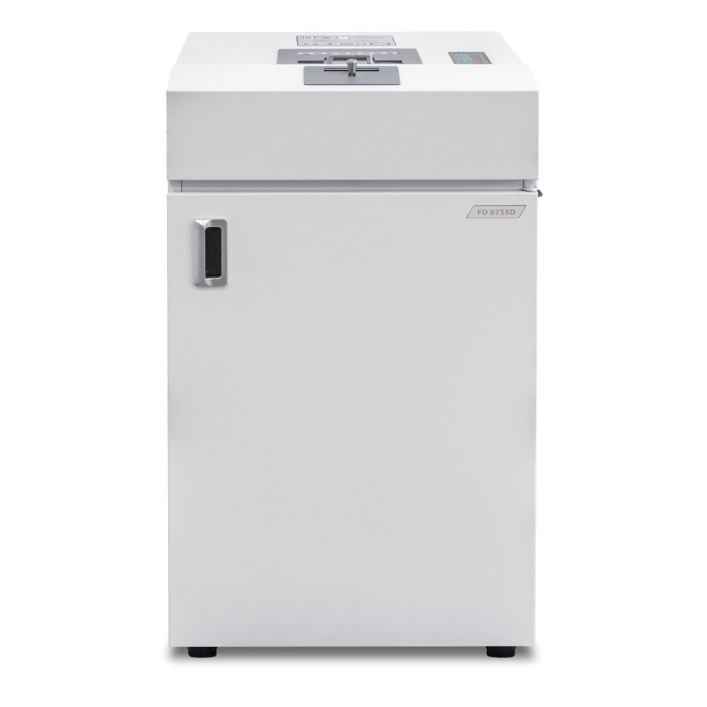 Shred mobile phones, SSDs and more with the Formax OnSite Cross-Cut Multimedia Office Shredder For Moblie Phones, SSDs, Mini-Tablets, CDs/DVDs. This cross-cut shredders produces a shred size of 3/16in x 5/8in to ensure data won't be retrievable, and it uses solid steel cutting blades and a heavy-duty AC geared motor for durability and performance. The auto reverse and auto cleaning functions help prevent jams.  Capable of shredding mobile phones, SSDs, mini tablets, USB drives, SD cards, CDs, DVDs and Blu-ray discs.  Produces a cross-cut shred size of 3/16in x 5/8in (4 x 15 mm) to ensure data won't be retrievable.  LED control panel includes load indicator and energy-saving ECO mode readouts.  Solid steel cutting blades and heavy-duty AC geared motor afford durability.  Door safety sensor, thermal overload protection and safety circuit breaker for safe usage.  Auto reverse and auto cleaning functions help prevent jams.  Enclosed infeed slots for media up to 6-1/2in wide.  Casters for easy mobility.  Compact shredder operates a low noise level of 55 dB.  Backed by the manufacturer's 1-year limited warranty.  This product is heavy and/or oversized and may need more than one person to handle.