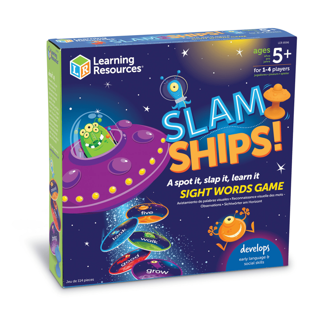 Hear it, see it, slam it with the Learning Resources Slam Ships! Sight Words Game. This game helps kids grow their vocabulary and word recognition skills.  Scatter sight words across the surface, then use one of the UFO slammers to quickly slam down on the card and collect it.  Player with the most sight word cards wins.  Helps kids build vocabulary and word recognition skills.  5 different vocabulary levels let kids continually grow their skills.