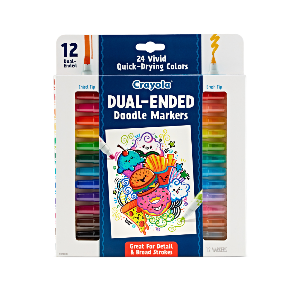 Have double the fun with Crayola Doodle & Draw Dual-Ended Markers. From calligraphy and hand lettering to drawing and coloring, dual-ended markers make it easy to let your creativity shine.  Brush tip produces broad, watercolor-like strokes.  Chisel tip can be used to craft thick and thin lines.  Water-based ink delivers brilliant color.  Recommended for ages 8 and up.  12-piece marker set provides 24 colors.