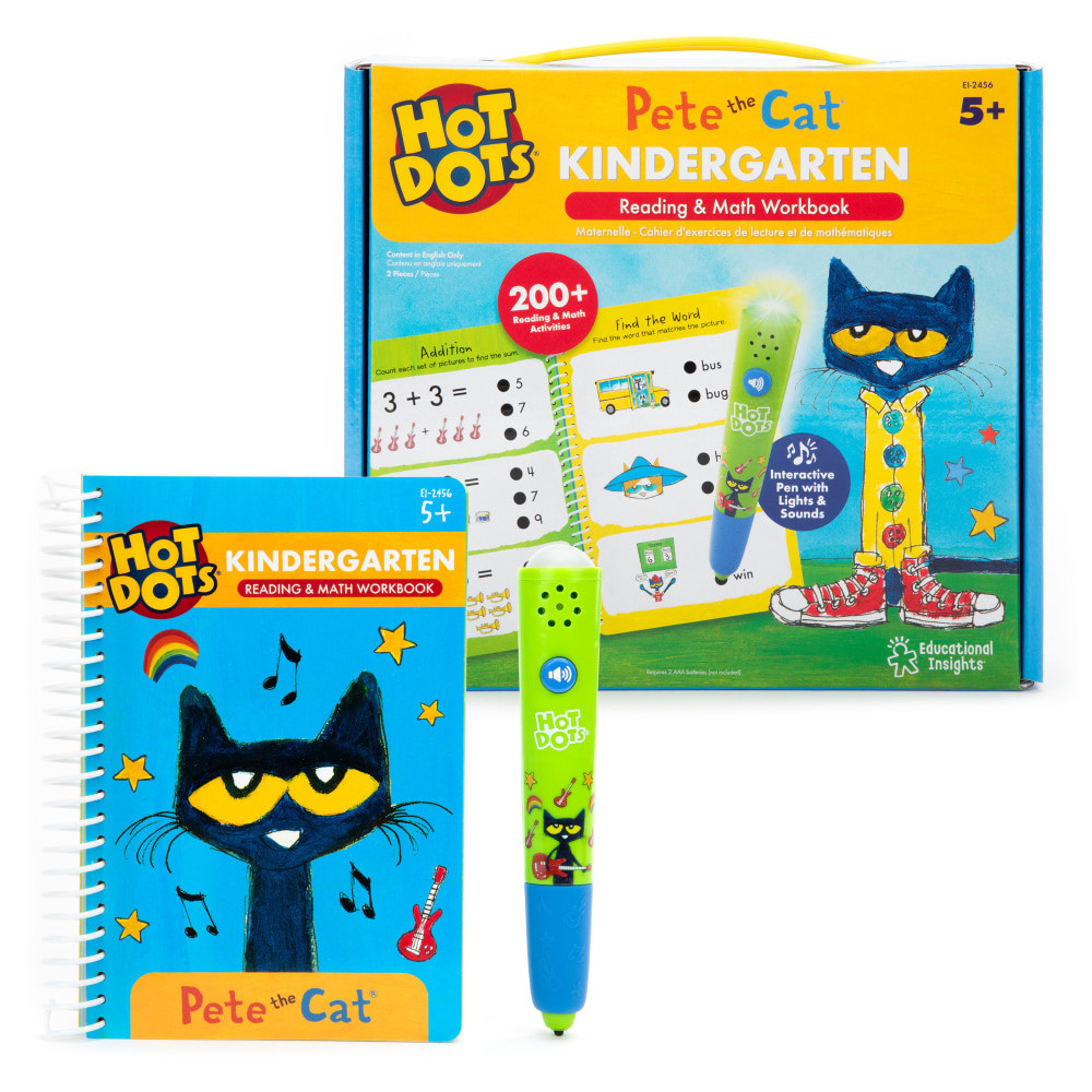 Practice kindergarten-level skills with your pal, Pete the Cat! Use the interactive pen to learn at your own pace and complete over 200 activities from the 2-in-1 reading and math workbook. Each activity practices essential reading or math skills (including spelling, rhyming, sentences, capitalization, punctuation, counting, number words 1-20, early addition and subtraction, and more) so little learners ages 5 and up can build school skills and self-confidence!  Press the interactive Hot Dots pen to an answer dot and get immediate visual and audio feedback!  The pen lights up green for correct answers, red for wrong answers, and play sounds (or mute option).  Self-paced learning builds confidence!  Two-in-one activity book with 200 reading and math activities and interactive Pete the Cat Hot Dots pen (requires 2 AAA batteries, not included).  Boost confidence with core learning toys that build the skills kids need for school success.