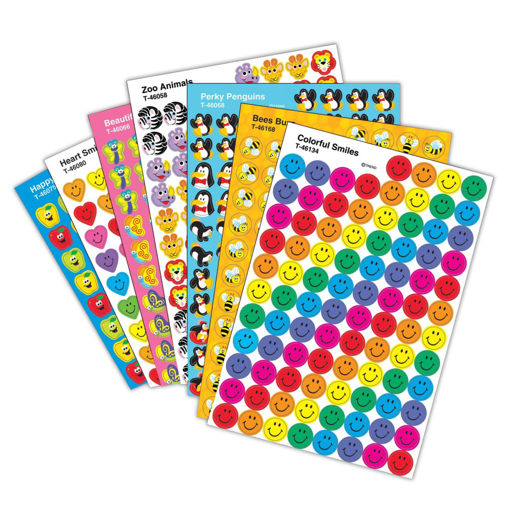 Fill goody bags or reward good performance with the TREND Stickers Assortment Pack. The self-adhesive backing allows for easy placement on most surfaces.  Variety of designs provide a fun look.  Self-adhesive backing allows for easy placement.  Each sheet contains 100 stickers for a total of 9,000 stickers.