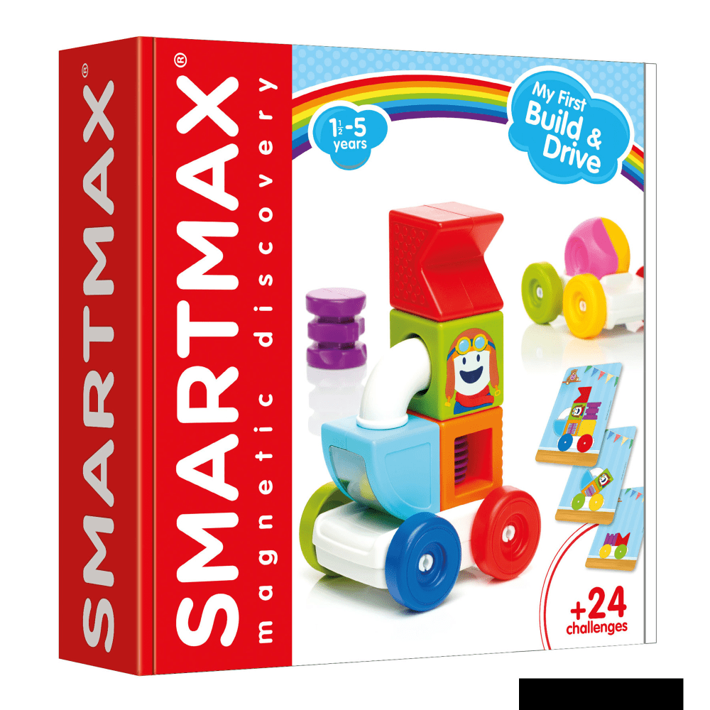 Head out on a creative drive with the SmartMax My First Build & Drive Playset. This playset helps kids learn about magnetism, colors, shapes, angles and concepts such as above, below, up and under.  Helps kids learn about magnetism, colors, shapes, angles and concepts such as above, below, up and under.  Suitable for toddlers as young as 18 months or preschoolers from the age of 2.5 years  Made of durable plastic.