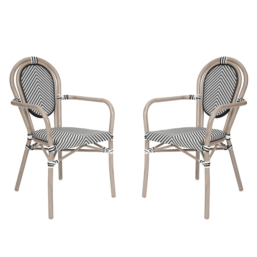 FLASH FURNITURE 2SDA6422ATXTBWL  2 Pack Marseille Indoor/Outdoor Commercial Thonet Bistro Stacking Chair with Arms, Textilene and Bamboo Print Aluminum Frame, Black & White/Light Natural Frame