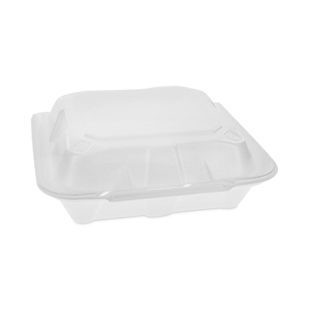 PACTIV CORP YTD18801ECON Pactiv Evergreen Vented Foam Hinged Lid Containers, Dual Tab Lock Economy, 3inH x 8-7/16inW x 8-3/16inD, White, Carton Of 150 Containers