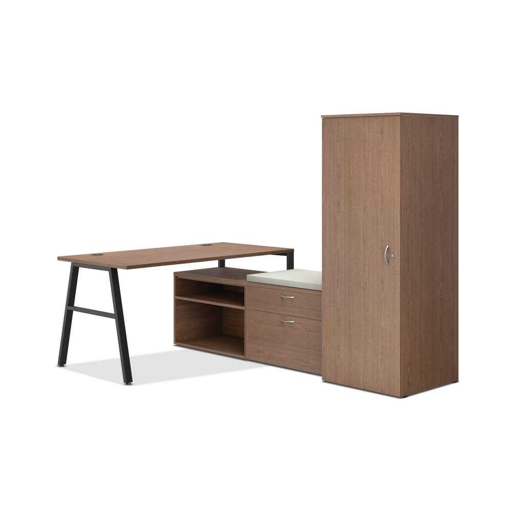 HON HONMOD108  Mod 84inW Office Computer Desk Set, Sepia Walnut/Black/Cool Neutral
