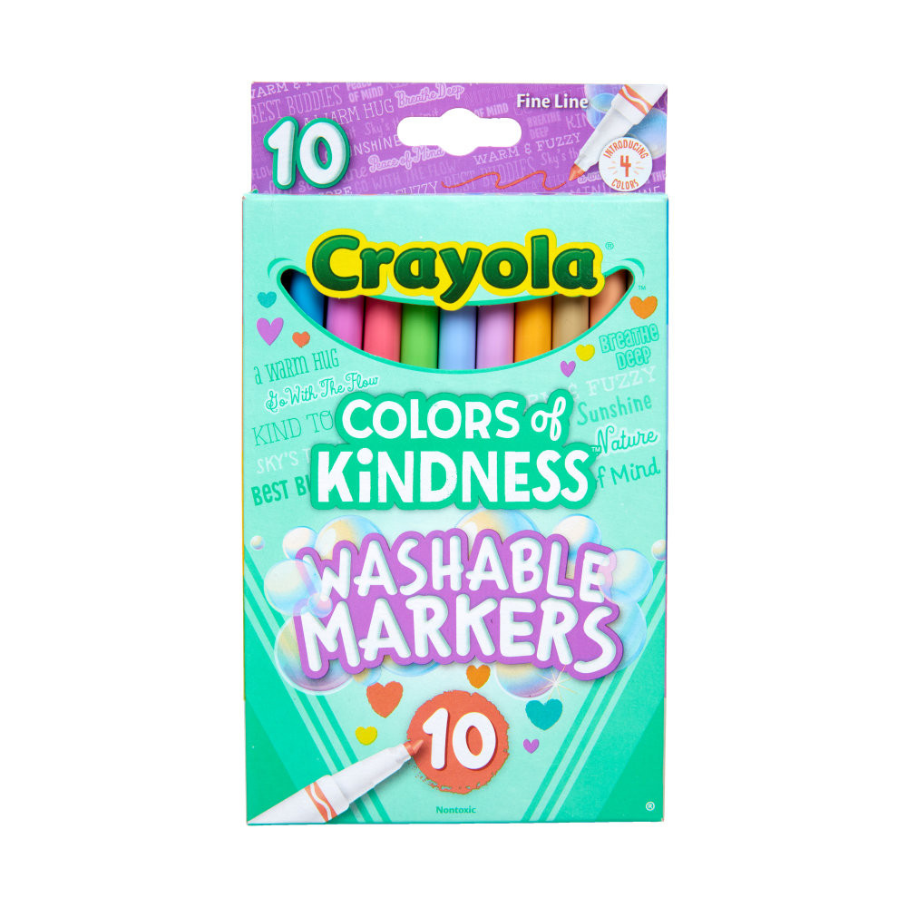 Reach for Crayola Colors of Kindness Washable Markers and make a vibrant masterpiece. The fine style is great for detailed pieces, and the color names are designed to promote good vibes.  CRAYOLA MARKERS: Features 10 Colors of Kindness Crayola markers in assorted colors.  SPREAD POSITIVITY: Focus on good feelings set of Crayola Crayons with special-edition color names!  GIFT FOR KIDS: Pair with Crayola Colors of Kindness Coloring Book for a great bundled gift for girls and boys.  SAFE: Ideal for beginning artists ages 3 & up.  ACMI Certified AP Nontoxic. For detailed information see www.acmiart.org.  Conforms to ASTM D4236 standards. For detailed information see www.astm.org.  Less harsh chemicals - made with fewer harsh chemicals, or safer chemicals than typical alternatives, helping  reduce your use of and exposure to substances that may be more harmful to your health and the environment.