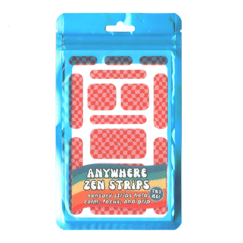 Sensory strips help calm and focus! Simply touch, swipe, scratch or fidget with Zen Strips to manage stress, boost concentration and enjoy a calming effect.  Various sizes allow for even more possibilities!  With an easy peel, stick, and press application, use on your everyday items including smartphones, laptops, tablets, or even water bottles.  The various sizes work great for any item! Manufactured using child-friendly materials.  Includes 78 Anywhere Zen Strips (13 per set, 6 sets) with a raised, bumpy diamond texture with a pink and red checkered pattern.