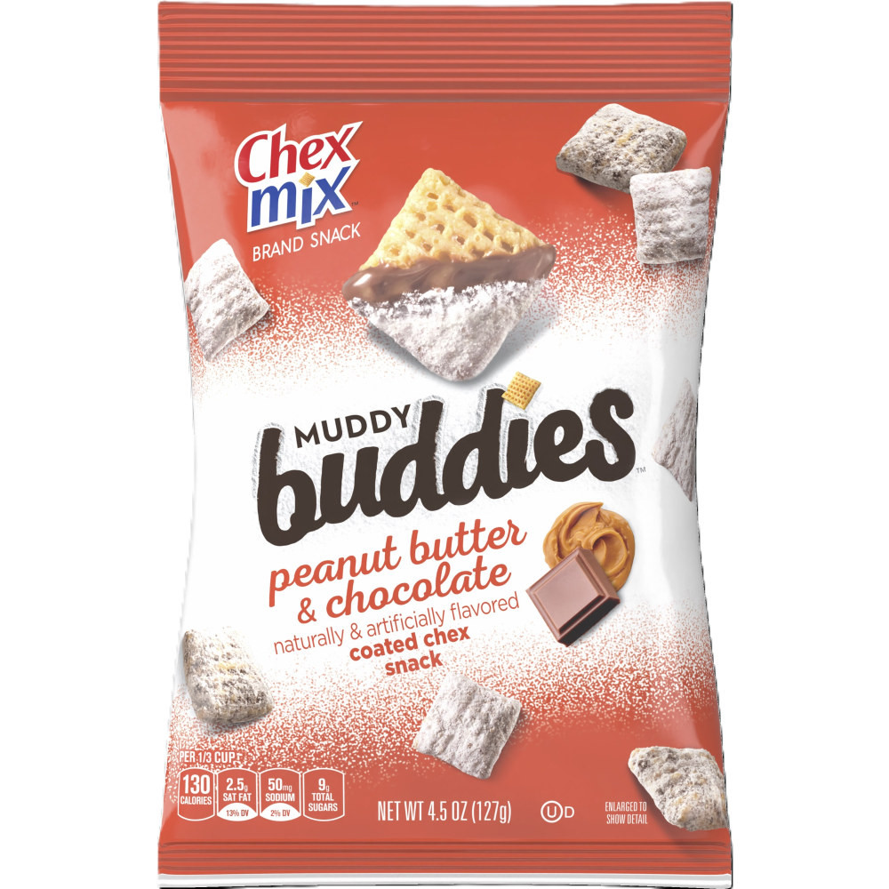 Enjoy a sweet taste with the Chex Mix Peanut Butter & Chocolate Muddy Buddies Snack Mix. This snack mix features a mix of peanut butter, chocolate and powdered sugar for a decadent taste, and they come in individually packaged bags for on-the-go snacking.  Chex pieces are coated in peanut butter and chocolate and dusted with powdered sugar for a decadent taste.  Kosher.  Cholesterol free.  Individually packaged for personal consumption or sharing.