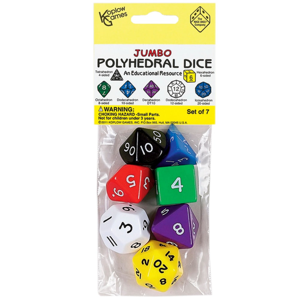 Koplow Games Jumbo polyhedral dice game is effective method of developing math reasoning and computation skills.  Aid in teaching addition, subtraction, multiplication, division, fractions and percentages.  The jumbo sized dice make the numbers easy to read.  Each set of 7 includes (1) 4-sided, 6-sided, 8-sided, 12-sided, and 20-sided die, and (2) 10-sided dice in assorted colors.