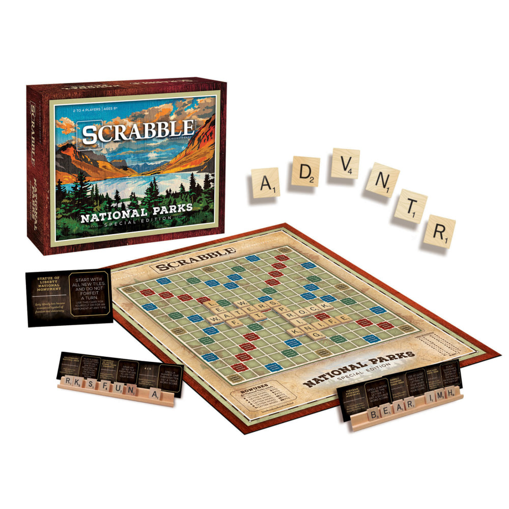 Embark on a vocabulary adventure with SCRABBLE: National Parks Edition, where players compete to create nature-themed words related to national parks and wildlife. Score bonus points for using park names and wildlife terms, all while supporting the National Park Foundation with each purchase. This edition is perfect for fans of the classic word game and nature enthusiasts. For 2-4 players, ages 8 and up.  Official Scrabble word game with a National Parks theme  Portion of proceeds supports the National Park Foundation  Includes 26 National Park cards and 4 Park Guide Bonus cards  Custom-designed game board and 100 wooden letter tiles  For 2-4 players, ages 8+, 60-minute play time  Includes 4 wooden tile racks, 1 drawstring bag, and rules