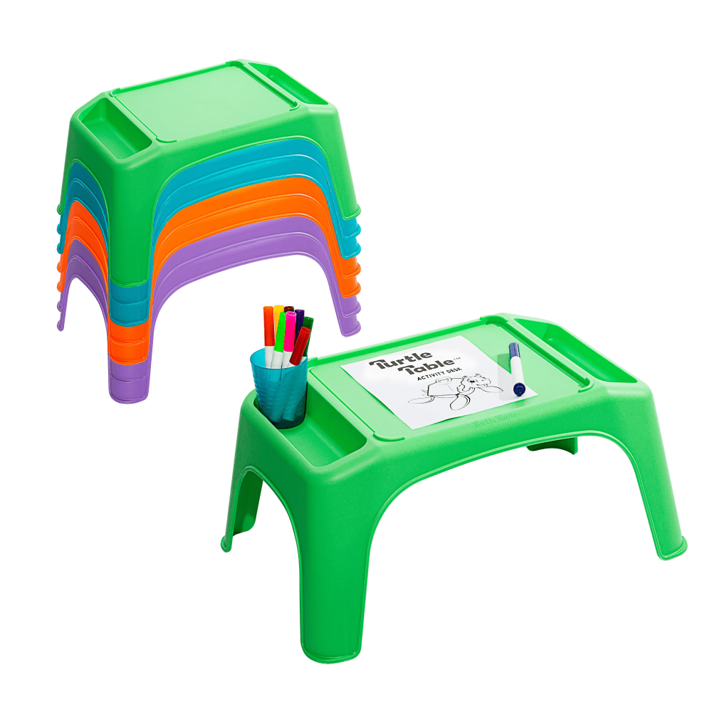 Create a work space, play area or craft spot in your classroom with a LapGear Turtle Table. This dynamic table boasts 2 built-in storage wells for art supplies, games, toys, paperwork and other essentials.  Made from durable polypropylene.  Boasts 2 built-in storage wells.  Features an interior channel.  Stack and store design to conserve space.  Surface is easy to clean.  Weight capacity tested to support 150 lb.  Backed by the manufacturers 5-year limited warranty.