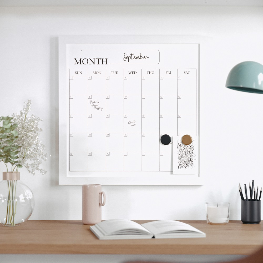 FLASH FURNITURE BRPMMWP4545WT Martha Stewart Everette Magnetic Monthly Calendar Dry-Erase Board, 18in x 18in, White Wood Grain