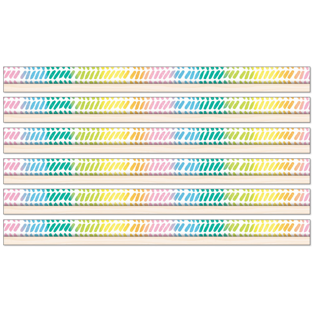 Decorate bulletin boards with the Carson Dellosa Education Happily Ever Elementary Creatively Inspired Straight Borders. These borders are acid-free to help prevent yellowing, and they're made of paper for lasting use.  Acid-free design helps prevent yellowing.  Made of paper for durability.  Each pack contains 12 borders for a total of 72 borders.