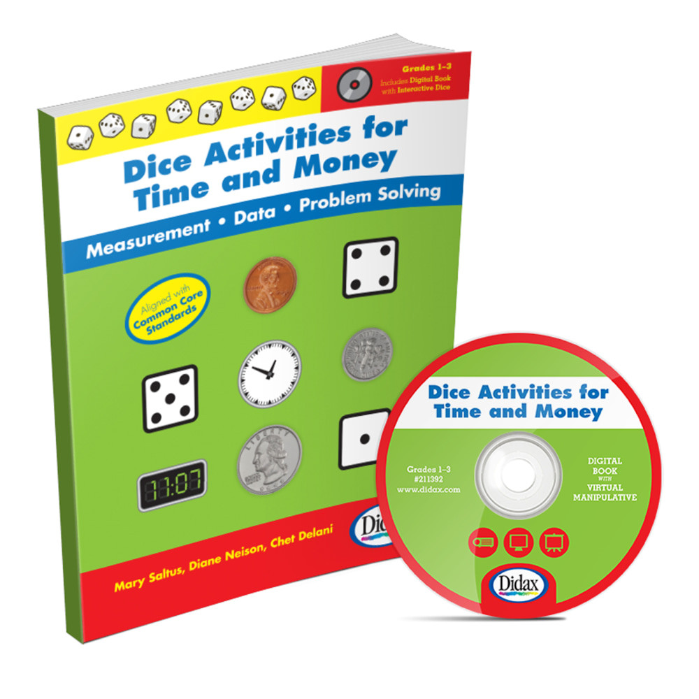 Familiarize your youngsters with coins, clocks and more with the Didax Dice Activities for Time & Money. This educational set offers more than 80 fun activities to help them learn while playing games.  Helps kids tell time on an analog clock, calculate time elapsed and more. Also allows them learn coin names and values, make change and more.  Offers over 80 classroom-tested activities that use dice for plenty of educational fun.  Recommended for children in grades 1 to 3.  Comes with 128 pages of activities, with teacher notes, links to the CCSS and an interactive CD for IWB presentation.
