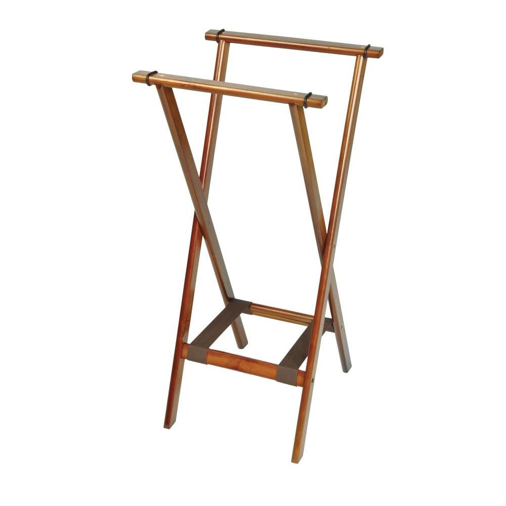 CENTRAL SPECIALTIES CO. 1178BSO CSL Deluxe Wood Back Saver Tray Stands, 38inH x 18-1/2inW x 17inD, Dark Finish/Brown Bottom Straps, Set Of 5 Stands