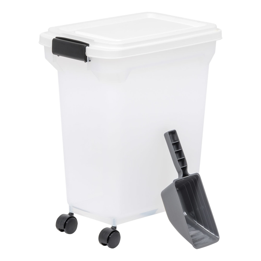 Store pet food, cat litter or wood chips in the Iris Airtight Container. This container is made of plastic for durability, and it has an airtight seal to keep out moisture and pests.  Made of durable plastic.  Airtight seal helps keep out moisture and pests.  Caster wheels provide convenient mobility.  Tapered shape fits into tight spaces.  Includes scoop.  28 qt capacity offers ample storage space.
