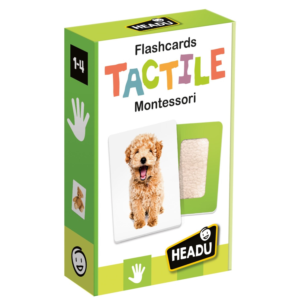 Learn how different surfaces feel with the Headu Tactile Montessori Flashcards. These tactile flashcards help young learners develop their sense of touch.  Helps develop a sense of touch.  Didactic guide lets you organize fun learning activities.
