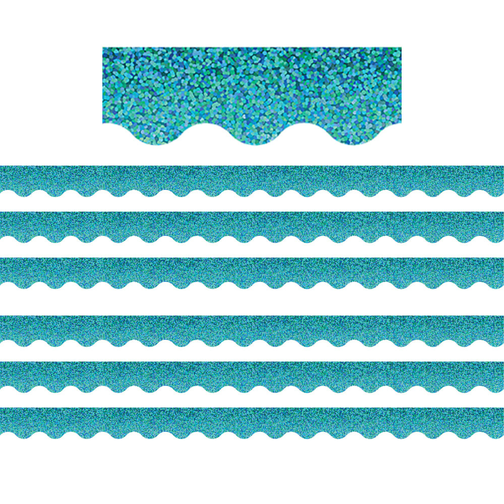 Create a unique bulletin board theme with the Teacher Created Resources Scalloped Border Trim Pack. These vibrant border trim strips are made of acid-free paper and help liven up your classroom.  Scalloped border trim helps liven up any classroom.  Made of acid-free paper.  Creates themes for bulletin boards, walls, windows and projects.  Each teal sparkle pack includes 12 pieces for a total of 35ft.