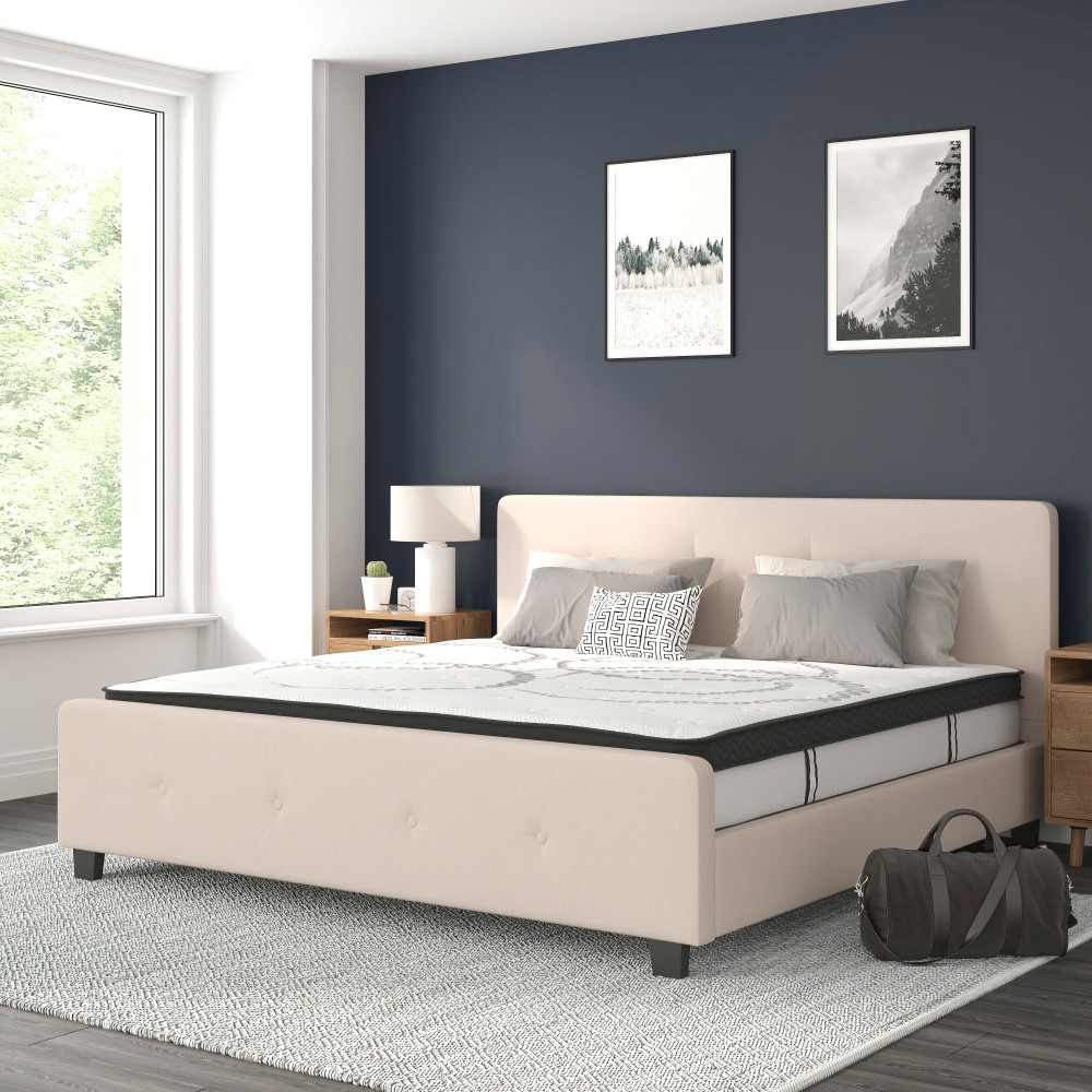 FLASH FURNITURE HGBM1020  Tribeca Tufted Upholstered Platform Bed with 10in CertiPUR-US Certified Foam and Pocket Spring Mattress, King, 40inH x 78-1/4inW x 85-1/4inL, Beige
