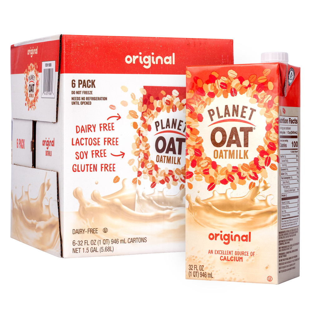 The Planet Oat Original Oat Milk Cartons go great in coffee, cereal and more. This oat milk is rich, creamy and subtly sweet and provides a delicious source of calcium.  Oat milk is rich, creamy and subtly sweet.  Provides an excellent source of calcium.  Made with no artificial colors, flavors or preservatives.  Shelf stable version can be stored in your pantry or taken on the go.  Free from dairy, lactose, gluten, soy, peanuts and tree nuts.