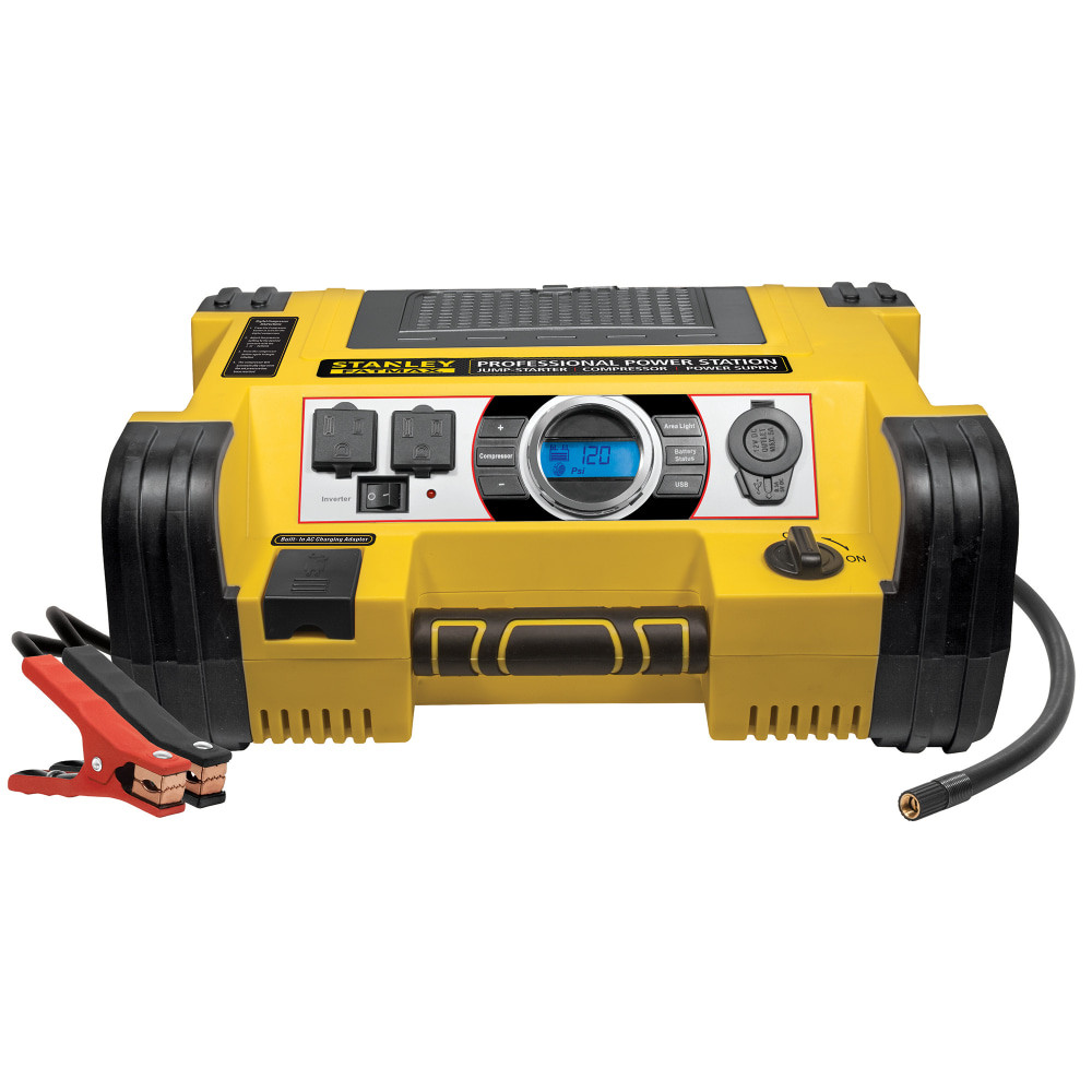 Give life to your devices with the Stanley FATMAX Professional Digital Power Station With Air Compressor. This power station delivers 500W of power and includes a 120 psi digital air compressor to help pump up tires and more.  700A instant starting and 1,400A peak.  Provides 500W of portable power.  Features 2 AC power outlets and 12V and USB outlets to plug in multiple devices.  Offers a 120 psi digital air compressor with a backlight gauge for nighttime use. Heavy-duty, brass-tipped SureFit compressor nozzle that securely connects to tire valve stems.  All-metal, powder-coated clamps for dependability.  Features a reverse-polarity alarm.  Power and charge indicator to let you know the status.  Built-in 120 AC charger can recharge using a standard household extension cord.  Backed by the manufacturers 1-year limited warranty.  Yellow and black for a simple style.