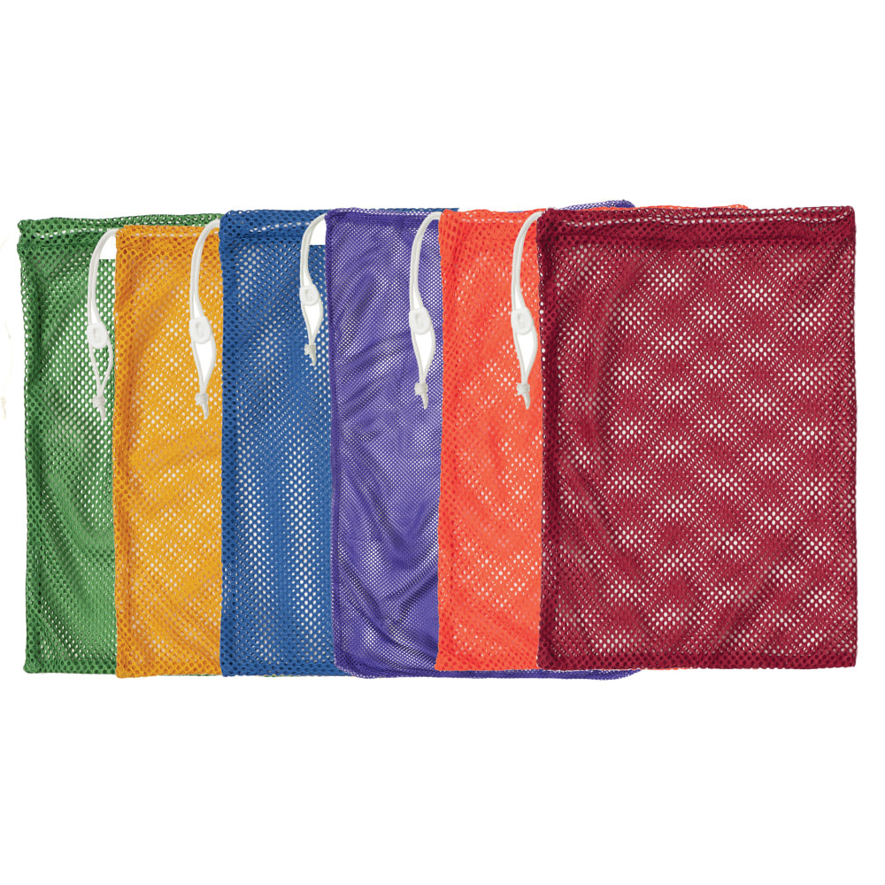 These Champion Sports Mesh Equipment Bags provide a convenient solution for carrying sports gear and balls. Bags are made from nylon-mesh, allowing wet gear to dry quickly.  Nylon-mesh design allows wet gear to dry quickly.  Keeps loose items secure.  Each bag features a drawstring cord, lock and ID tag.  Includes gold, green, orange, purple, royal blue and scarlet bags.