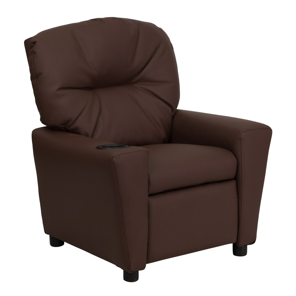 Your child can claim their own seat for movie night with this Flash Furniture LeatherSoft Kids Recliner with Cup Holder. The kids recliner chair features a padded back and seat that are upholstered with LeatherSoft fabric to provide a plush feel from the opening scene to the end credits. While your little one enjoys their bowl of popcorn and a sweet treat they can keep a drink within reach in the cupholder armrest. Plus, the back of the child recliner chair leans back, so your little movie fan can relax during the film.  Overall Dimensions: 28inH x 24-1/2inW x 39inD.  Weight capacity tested to support 90 lb.  LeatherSoft-upholstered padded back and seat.  Solid hardwood frame construction offers durability.  Boasts CAL 117 fire retardant foam.  Child must be in the seated position and pulls ottoman 1in out before the back reclines.  Padded armrests offer added comfort. Cup holder in 1 armrest.  Requires 6in of wall clearance.  Spot clean with a water-based cleaner.  Assembly required.  Faux Leather is a synthetic material. See specs for details.