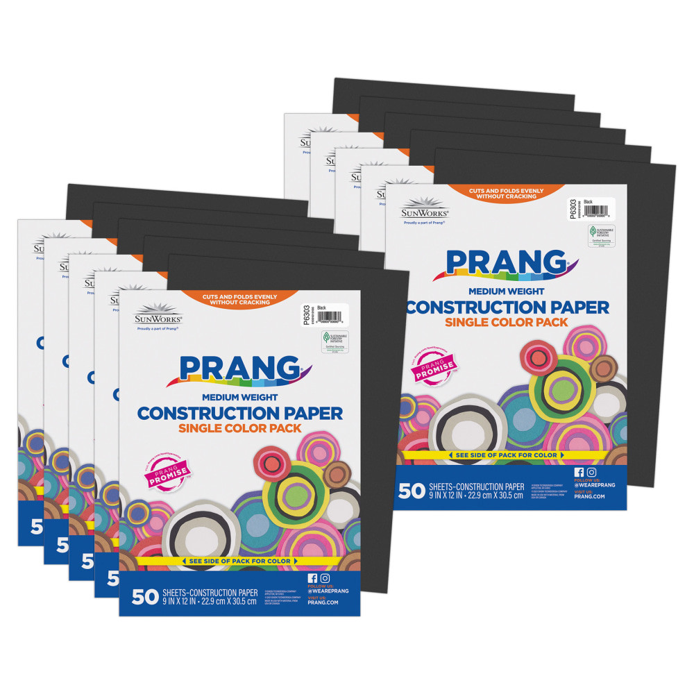 EDUCATORS RESOURCE PAC6303-10 Prang Construction Paper, Medium Weight, 9in x 12in, Black, 50 Sheets Per Pack, Set Of 10 Packs