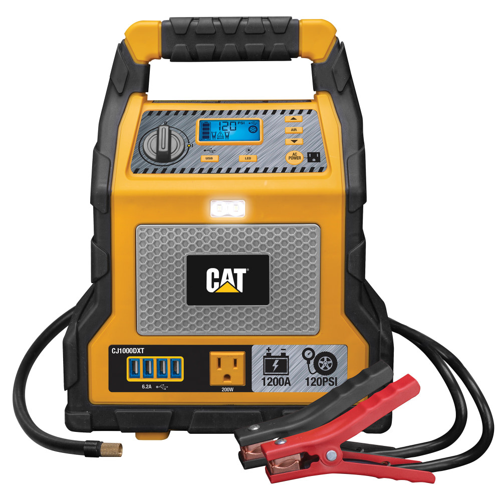 Keep the CAT Power Station With 1,200-Peak-Amp Jump Starter, Tire Compressor and Power Inverter in your vehicle or work truck. This power station features integrated jumper cables and a 1,200-peak-amp jump starter, so it can start even large V8-powered cars and trucks. The 120 PSI air compressor can fill up low tires.  Instant jump stater offers 1,200-amp peak/500-amp to jump-start up to V8 vehicles.  Built-in jumper cables and air compressor hose.  Has a 120 PSI air compressor with a digital display and AutoStop functionality.  Built-in 200-watt power inverter has four 5-volt USB outputs (6.2 amps shared) for recharging electronics and one 120-volt 200-watt outlet for small household appliances.  High-intensity 2-LED work light.  Safety switch and reverse polarity alarm add convenience.  Rugged, built-in carry handle with raised grips.  Includes power cord to recharge sealed-lead acid battery.  Backed by the manufacturers 1-year limited warranty.  Black and yellow design.