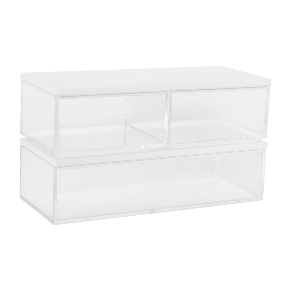 FLASH FURNITURE BEPB3316WD3CLWH Martha Stewart Brody Plastic Storage Organizer Bins With Lids, 2inH x 3inW x 7-1/2inD, Clear/White, Set Of 3 Bins