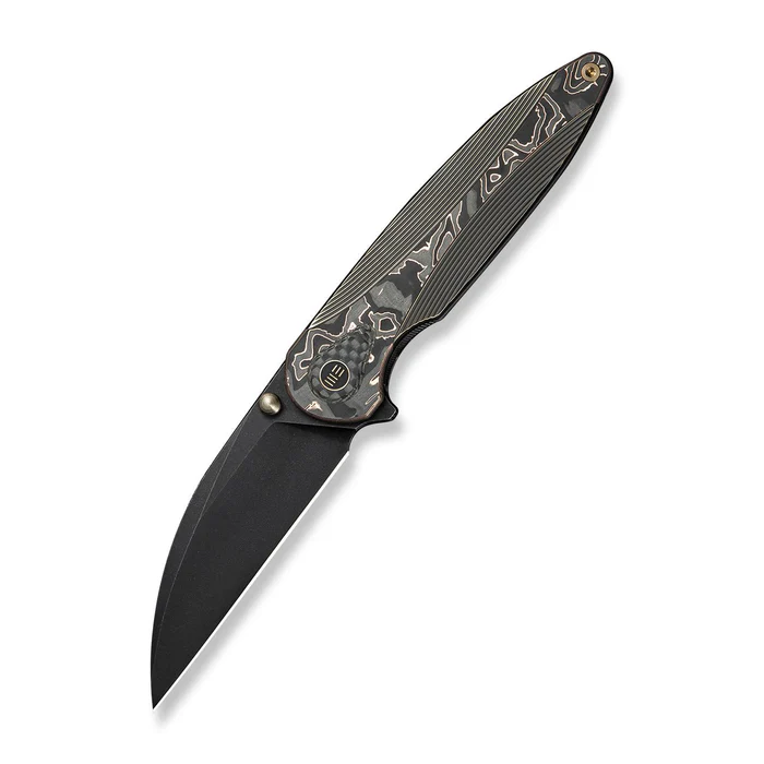 We Knife WE24021C-3 WEKNIFE Zenthra Flipper & Thumb Stud Knife Bronze / Black Titanium Handle With Copper Foil Carbon Fiber Inlay (3.3"" Black Stonewashed Bohler M390 Blade) WE24021C-3