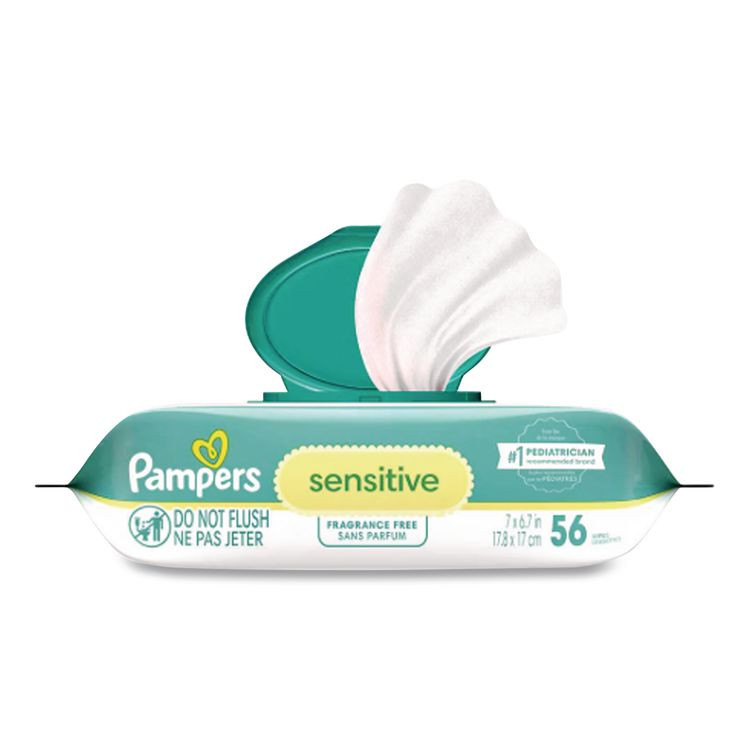 PROCTER & GAMBLE Pampers® 87076EA Sensitive Baby Wipes, 1-Ply, 6.8 x 7, Unscented, White, 56/Pack