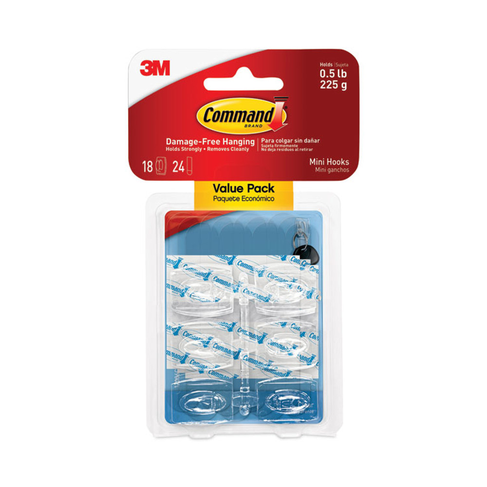 3M/COMMERCIAL TAPE DIV. Command™ 17006CLR18ES Clear Hooks and Strips, Mini, Plastic, 0.5 lb Capacity, 18 Hooks and 24 Strips/Pack