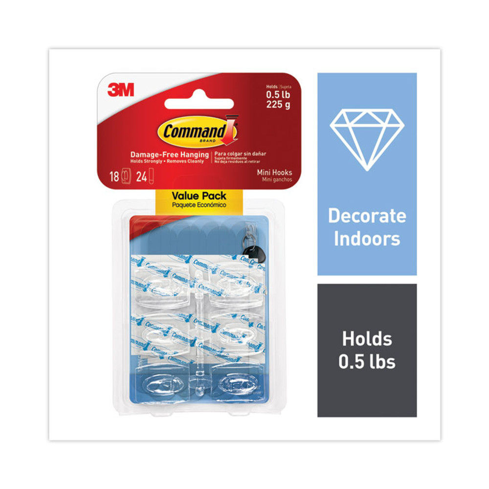 3M/COMMERCIAL TAPE DIV. Command™ 17006CLR18ES Clear Hooks and Strips, Mini, Plastic, 0.5 lb Capacity, 18 Hooks and 24 Strips/Pack