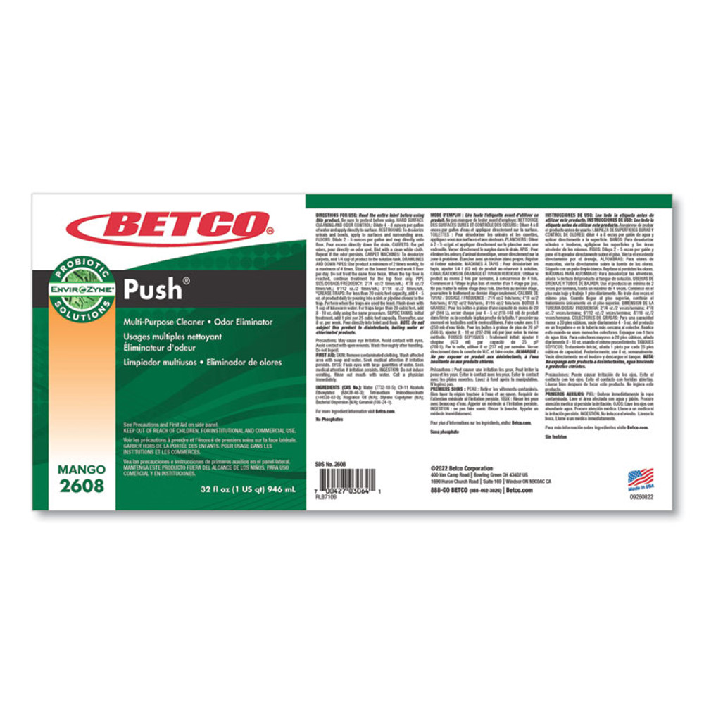 BETCO CORPORATION 26081200 PUSH All Purpose Cleaner and Odor Eliminator, Mango Scent, 32 oz Bottle, 12/Carton