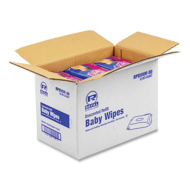 AMERCAREROYAL RPBWUR-80 Baby Wipes Refill Pack, 8 x 7, Unscented, White, 80/Pack, 12 Packs/Carton