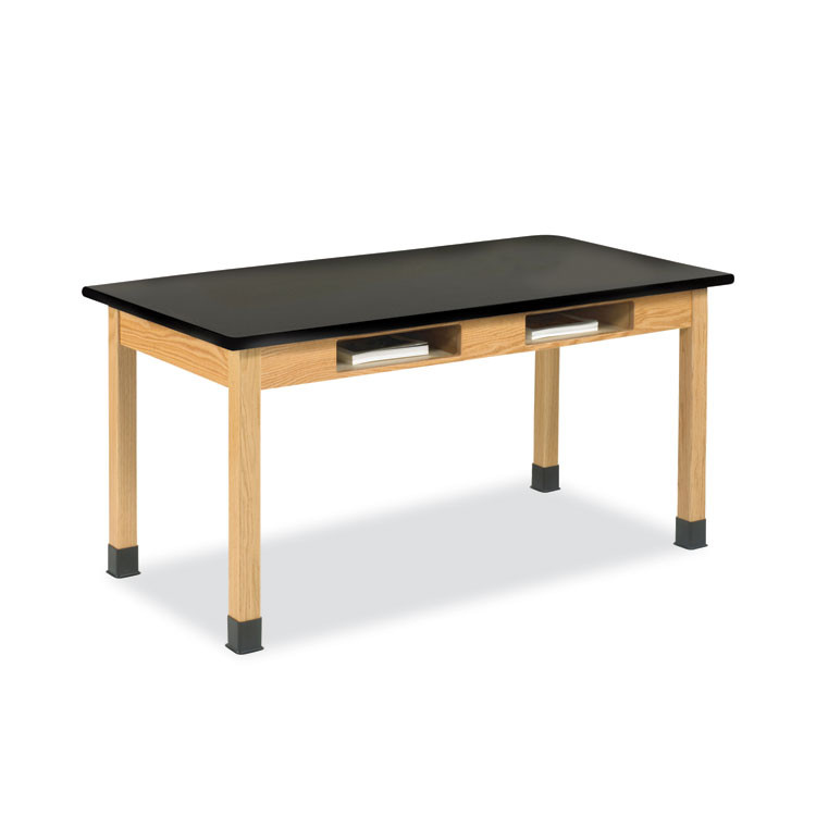 DIVERSIFIED WOODCRAFTS, INC. Spaces™ C710LBBK30N Classroom Book Compartment Science Table, 48w x 24d x 30h, Black High Pressure Laminate (HPL) Top, Oak Base